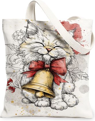 Generic Christmas Cat Canvas Tote Bags, Vintage Floral Art Design Reusable Grocery Bags, Lightweight Washable Shoulder Strap Canvas, White, 13x15 Inch