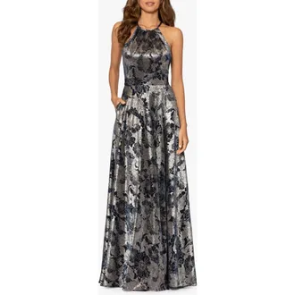 Betsy & Adam Metallic Floral Halter Top Gown in Navy/gunmetal at Nordstrom Rack, Size 12
