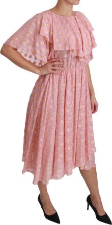 Dolce & Gabbana Womens Silk Pink Polka Dots Pleated A-Line Midi Dress Metalized Fiber