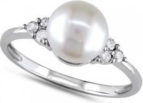 Allurez Freshwater Pearl Ring w/ Diamond Accents 14k W. Gold 7.5-8mm (0.12ct)