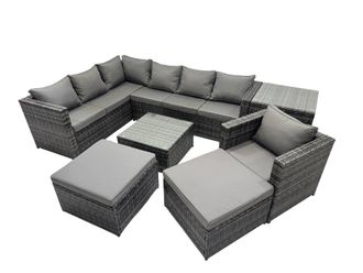 Fimous Patio Furniture Sets with Corner Sofa Chair 2 Big Footstool Side Table in Dark Grey