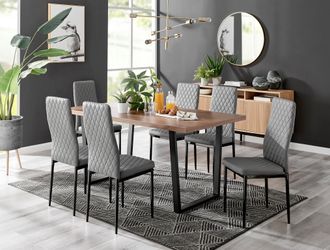 Furniturebox Kylo Large Brown Wood Effect Dining Table & 6 Milan Black Leg Faux Leather Chairs in Grey