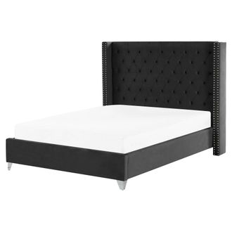 Beliani Cama Con Somier De Terciopelo Negro Plateado 160 X 200 Cm Listones Lubbon
