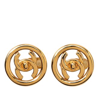 Chanel CC Gold Plated Turn Lock Clip On Earrings