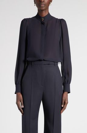 Alexander McQueen Wishbone Silk Cr&ecirc;pe de Chine Button-Up Shirt in Indigo at Nordstrom, Size 40
