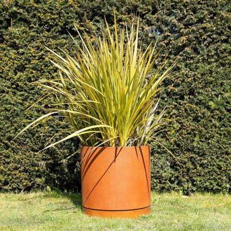 PRIMROSE Matte Rust Limestone Round Planter Pot with Saucer 50cm in Orange