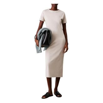 Calvin Klein Kleedjes, Dames, Beige, S, Katoen, Organische Liquid Touch T-shirt Jurk