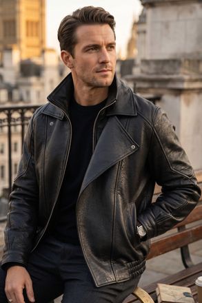 Infinity Leather Mens Black Lamb Leather Biker Bomber Blouson Jacket - Passage
