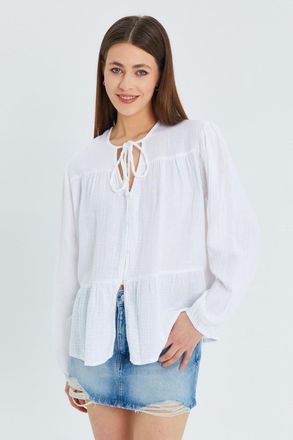 Mixray Lange Mouwen Losse Blouse met Strikhals