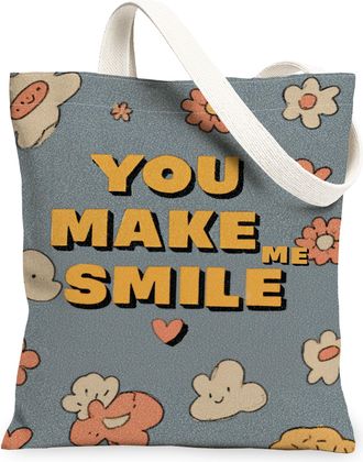 Generic Playful Floral Canvas Tote Bags, Cute Flower Pattern Reusable Grocery Bags, Vintage Lightweight Washable Shoulder Strap Can, Gray, 13x15 Inch