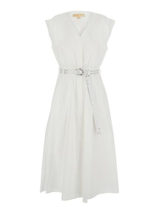 Michael Kors White Sleeveless Long Dress With V Neck And Adjustable Belt In Cotton Stretch Woman