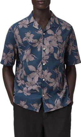 AllSaints Parterre Print Button-Up in Bay Blue at Nordstrom, Size Xx-Large