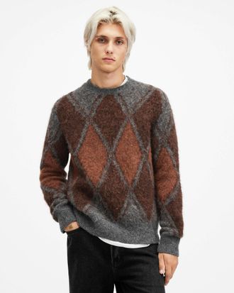 AllSaints Mens Alpaca/Merino Wool Mord Argyle Relaxed Fit Jumper, Size: S