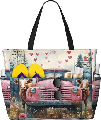 Generic Valentines Highland Cow Print Large Beach Bag Foldable Travel Shoulder Tote Bag With Pocket For Weekender Pool Vacation