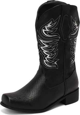 Generic Womens Western Cowboy Boots Black Faux Leather Crocodile Texture Silver Embroidery Mid-Calf Low Block Heels for Country Events Casual,Black,7.5 UK
