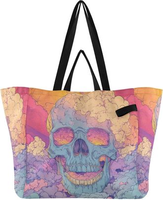 Generic Blue Skull Cloud print Reusable Canvas Tote Bag, Heavy Duty Grocery Shopping Bag with Double Handles Large Capacity Hard Bottom Work Groceries Travel