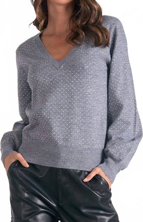 Elan V-Neck Rinestone Sweater Top In Grey
