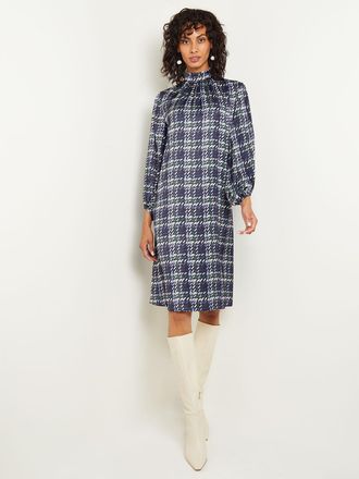 Misook Pleated Mock Neck Crepe de Chine Printed A-Line Dress