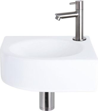 Differnz Cleo fonteinset - 30x30x10cm - Kwartrond - 1 kraangat - Recht matte chromen kraan - Keramiek Wit