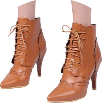 Generic Women Vintage Victorian Boots 70s Witch Granny Lace-Up Kitten Heel Ankle Boots Solid Color Fashion Comfortable Dressy Renaissance Leather Boots with S