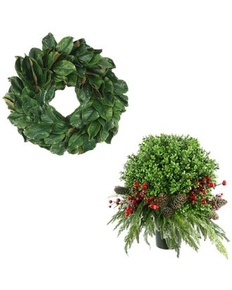 Creative Displays Inc. Classic Holiday Set With 24In Christmas Magnolia Wreath & Uv-Rated Boxwood Drop-In