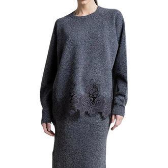 Kaos Trui met ronde hals van gemengde wol met kanten zoom - Dames - Ronde hals truien - Grijs - L - Wol - Truien & Vesten