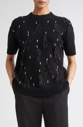Max Mara Oblo Crystal & Feather Embellished Short Sleeve Sweater in Black at Nordstrom, Size X-Small