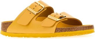 Birkenstock Womens Yellow Leather Arizona Slippers Hex Ochre, Amalfi Natural Flat Shoes