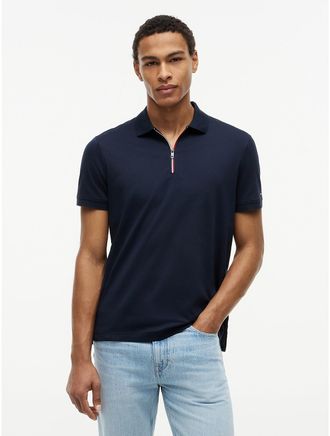 Tommy Hilfiger Mens Regular Fit Smooth Cotton Zip Polo - Navy - S