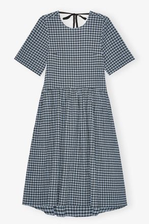 Ganni Blue Seersucker Check Midi Dress - Size 10/12 Organic Cotton