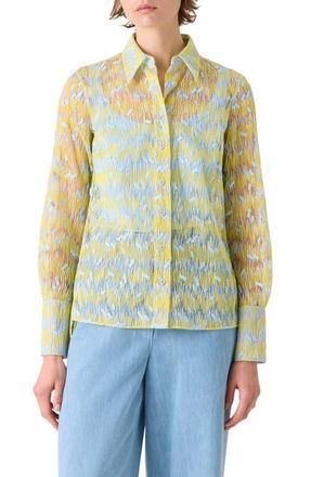 Akris Scribble Embroidered Sheer Tulle Button-Up Shirt in Lemon Zing-Sky Blue at Nordstrom, Size 14
