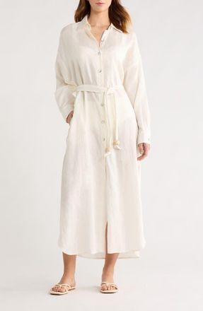 Elan Long Sleeve Linen Maxi Shirtdress in White at Nordstrom, Size X-Small