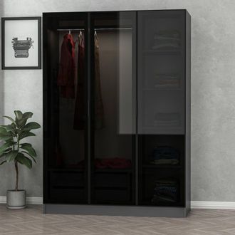 Dmora Armario 3 Puertas Gerrei, Ropero Dormitorio Con Perchero, 5 Estantes, 3 Puertas, 135x52 Cm Negro Antracita