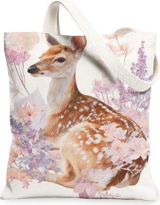 Generic Floral Deer Canvas Tote Bags, Vintage Animal Pattern Reusable Grocery Bags, Spring Lightweight Washable Shoulder Strap for, Peach, 13x15 Inch