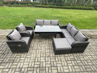 Fimous 6 Piece Rattan Garden Furniture Set with Patio Sofa Rectangular Dining Table Big Footstool Indoor Conservatory Patio Set in Dark Grey