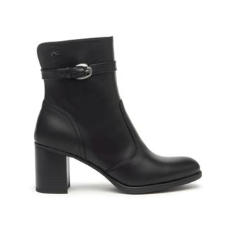 Nero Giardini Heeled Boots, female, Black, Size: 8 US Black Leather Ankle Boots with Decorative Buckle