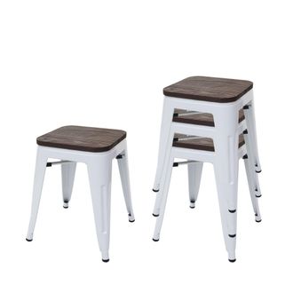 Hhg Hhg - Juego De 4 Taburetes 771 Incl. Asiento De Madera, Taburete De Metal Asiento Taburete, Metal Dise&ntilde;o Industrial Apilable, Blanco