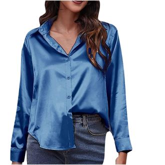 Generic Women Dressy Silk Satin Button-Down Shirts Long Sleeve Oversized Shirt Lightweight Casual Loose-Fit Office Work Blouses Ladies Collared Neck Curved He