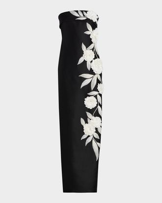 Badgley Mischka Floral-Embroidered Stretch Mikado Column Gown