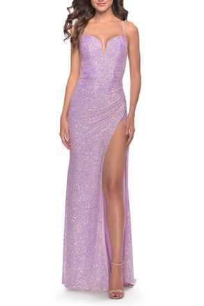 La Femme Sequin Prom Dress with Ruching and Open Tie Back in Light Periwinkle at Nordstrom, Size 6