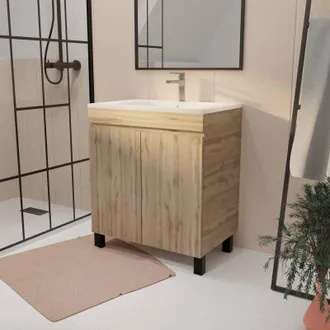 Aurlane Mobile Bagno 70cm 2 Ante Aspetto Rovere Naturale E Lavabo Ceramica Bianca