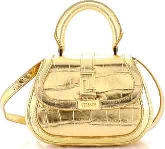Versace Greca Goddess Top Handle Bag Crocodile Embossed Leather Mini