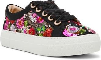 Betsey Johnson Bonny Sequin Platform Sneaker in Black Floral at Nordstrom, Size 5.5