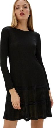 Twinset Zwarte Geribbelde Jurk met Kantdetails - Dames - Korte kleedjes - Zwart - M - Katoen - Kleedjes