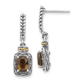 Diamond2Deal Sterling Silver with 14K Accent Antiqued Cushion Smoky Quartz Dangle Earrings