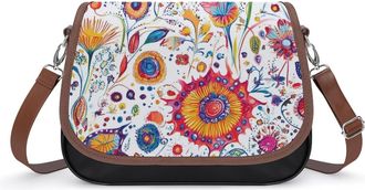 Generic Colorful Florals Watercolor Flowers Crossbody Bag Womens Handbag PU Message Bags Shoulder Purse with Adjustable Strap