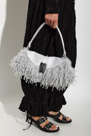 Ganni Shoulder Bag With Faux Feathers, Womens, Grey