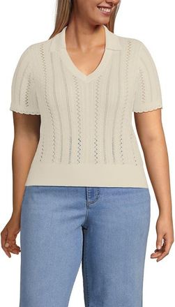 Lands End Fine Gauge Cotton Pointelle Polo Sweater in Fresh Ivory at Nordstrom, Size 2X