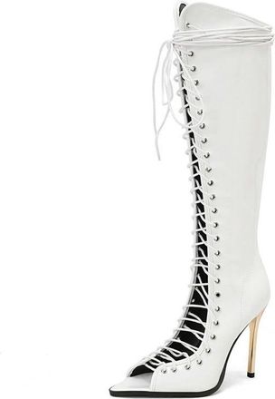 Generic Womens Open Peep Toe Knee High Boots Sandals Stiletto Heels Lace Up Dressy Pumps Fashion Dance Shoes (White,5.5)