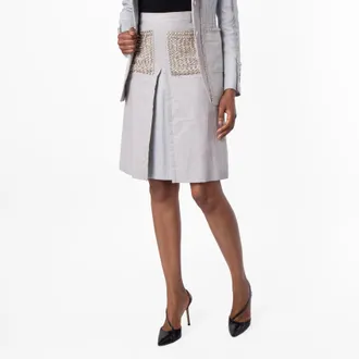 Burberry Ladies Grey Melange Crystal Embroidered Box Pleated Midi Skirt, Brand Size 6 (US Size 4)